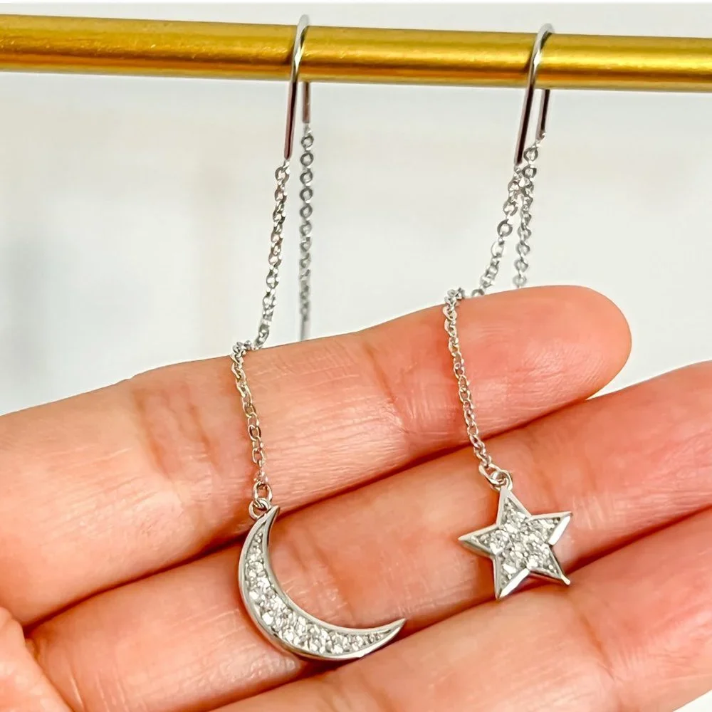 Crescent Moon & Star Drop Earrings, Night Sky Drop Earrings, Bridesmaid Jewelry - Picture 1 of 12
